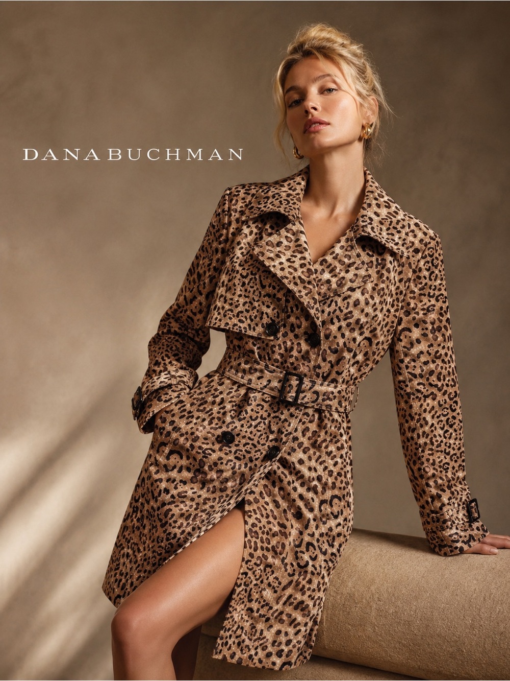 Dana Buchman Leopard Print Double-Breasted Belted Trench Coat NWOT